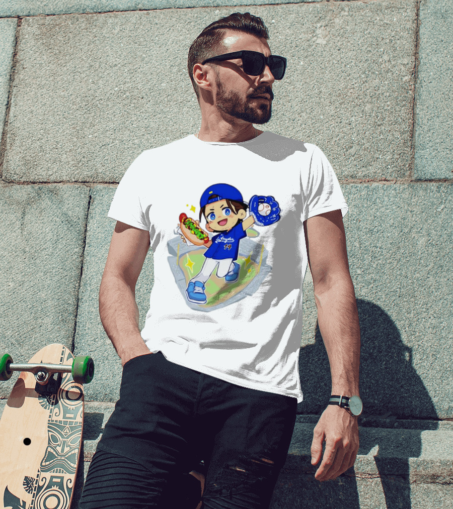 Enrique Hernandez Los Angeles Dodgers 14 Cartoon Style Baseball Glove And Hot Dog T-Shirt