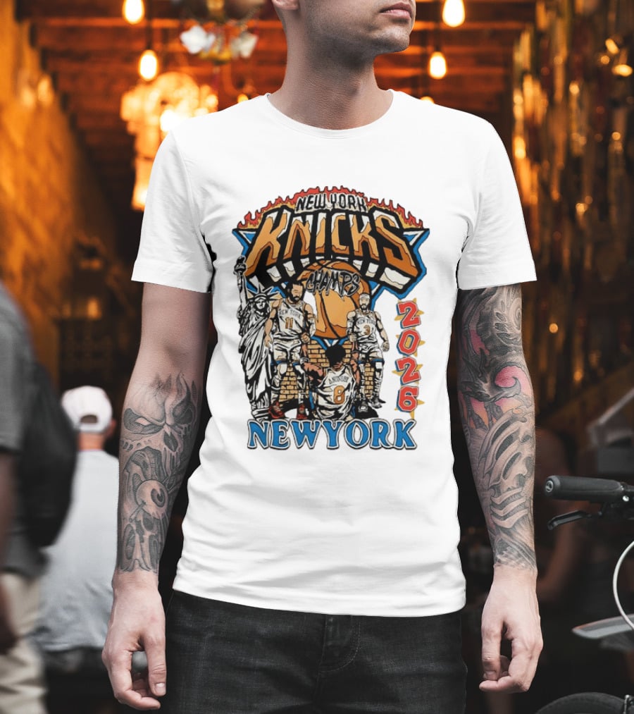New York Knicks 2026 Champs Jalen Brunson OG Anunoby Josh Hart Statue Of Liberty T-Shirt