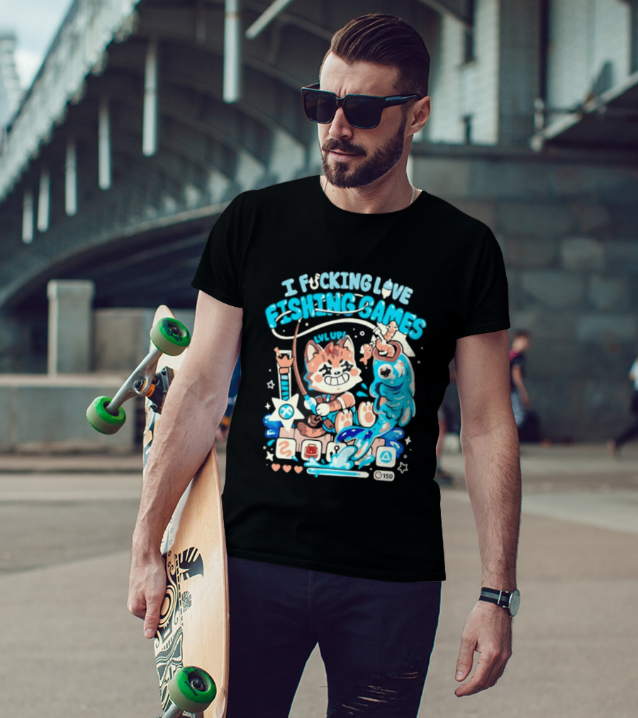 I Fucking Love Fishing Games XP Splash Cute Cat With Fish And Hearts T-Shirt