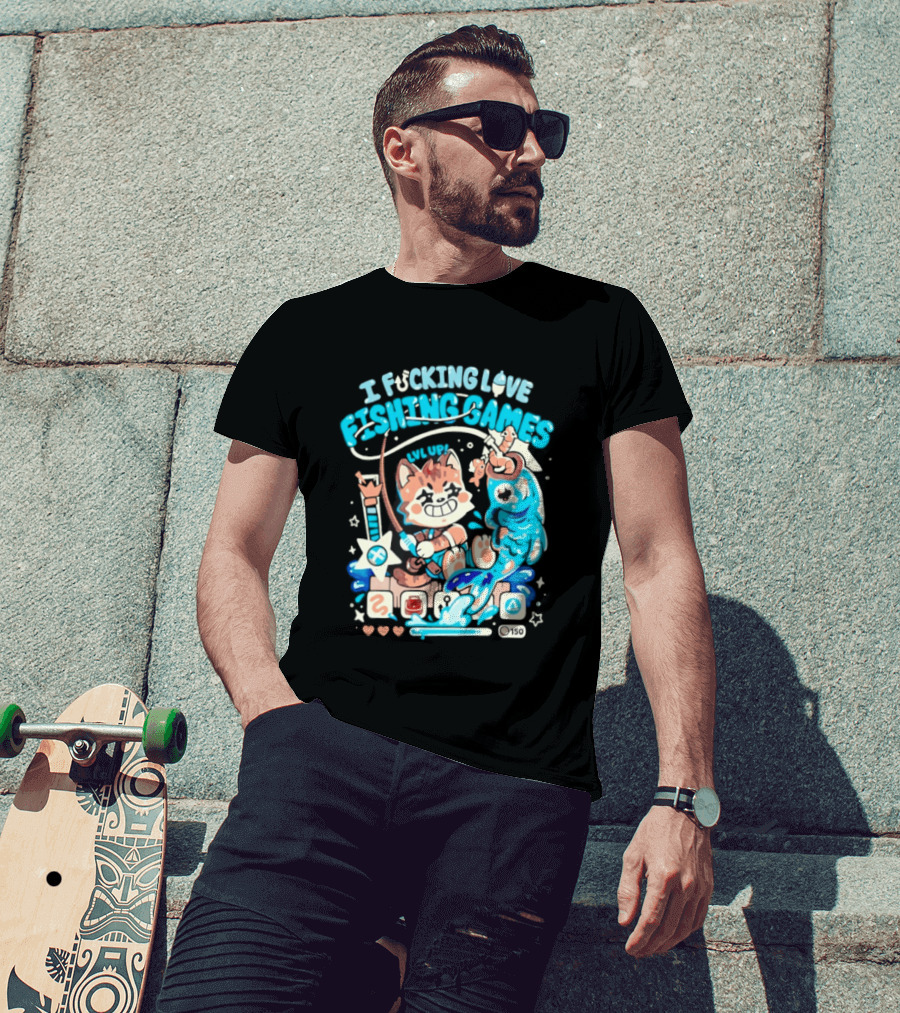 I Fucking Love Fishing Games XP Splash Cute Cat With Fish And Hearts T-Shirt