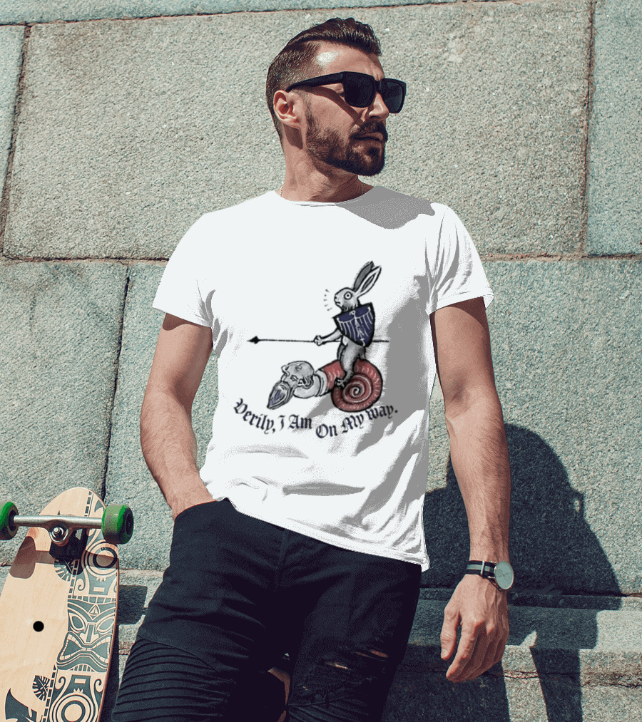 Verily I Am On My Way Knighted Rabbit Snail Medieval Marginalia T-Shirt