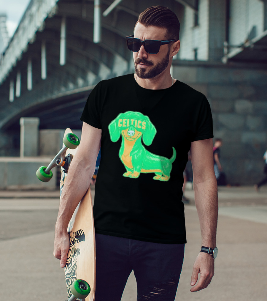 Boston Celtics Dachshund Cartoon Glasses T-Shirt