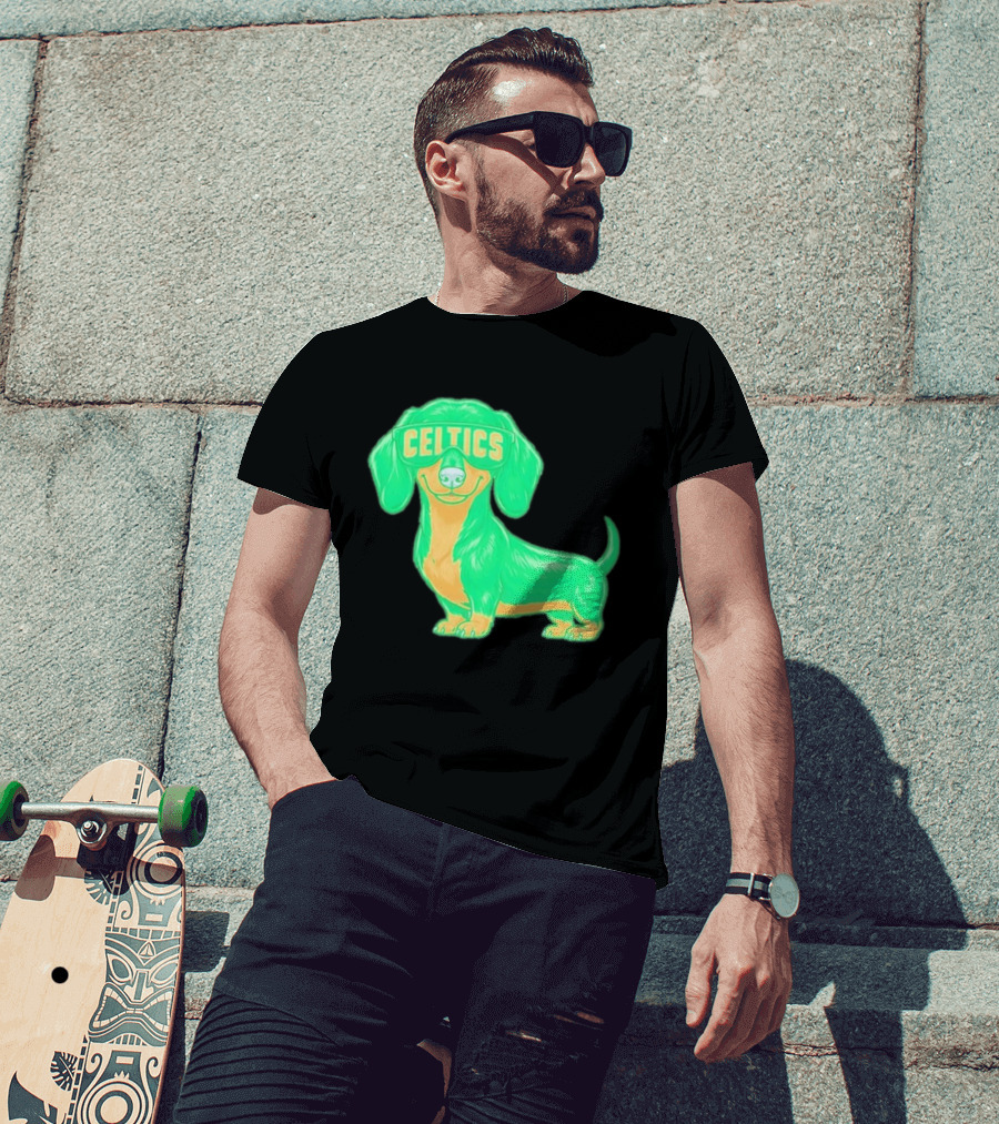 Boston Celtics Dachshund Cartoon Glasses T-Shirt