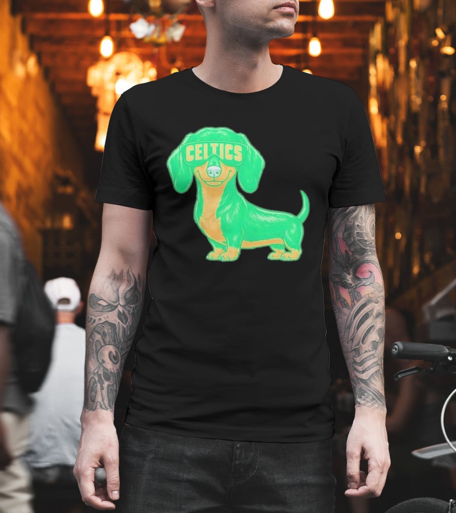 Boston Celtics Dachshund Cartoon Glasses T-Shirt
