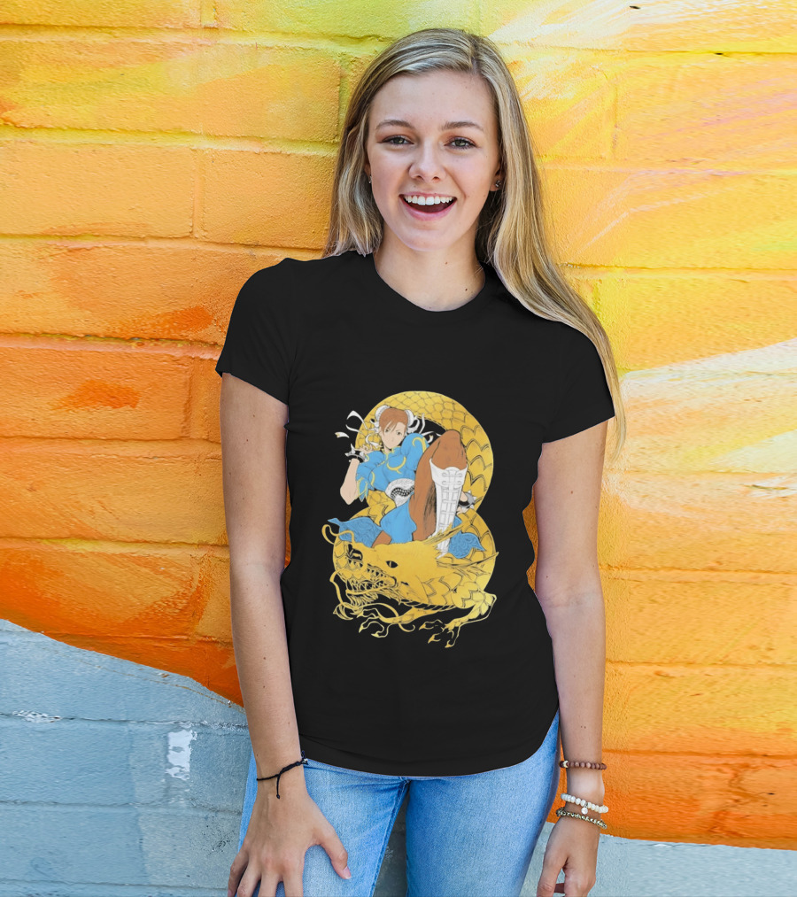 Chun Li Gold Dragon Kick Fighter Blue Outfit Gold Dragon T-Shirt