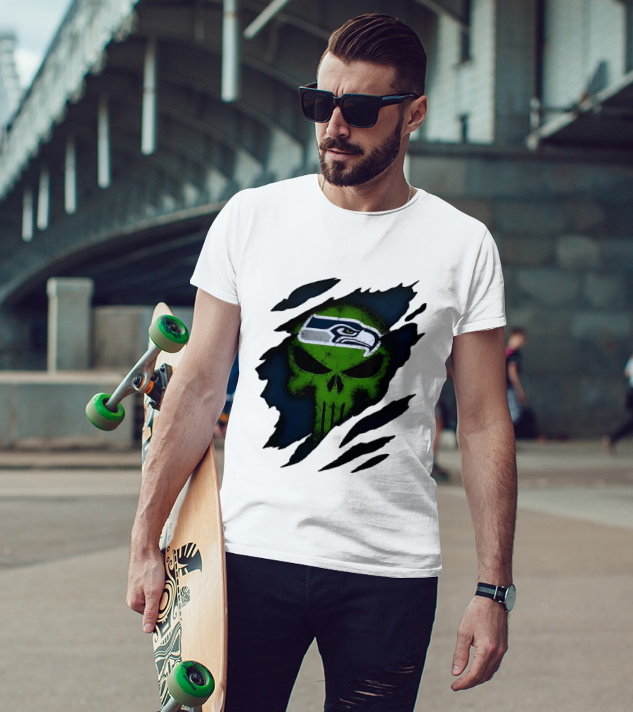 Seattle Seahawks Punisher Skull Ripped Fabric T-Shirt