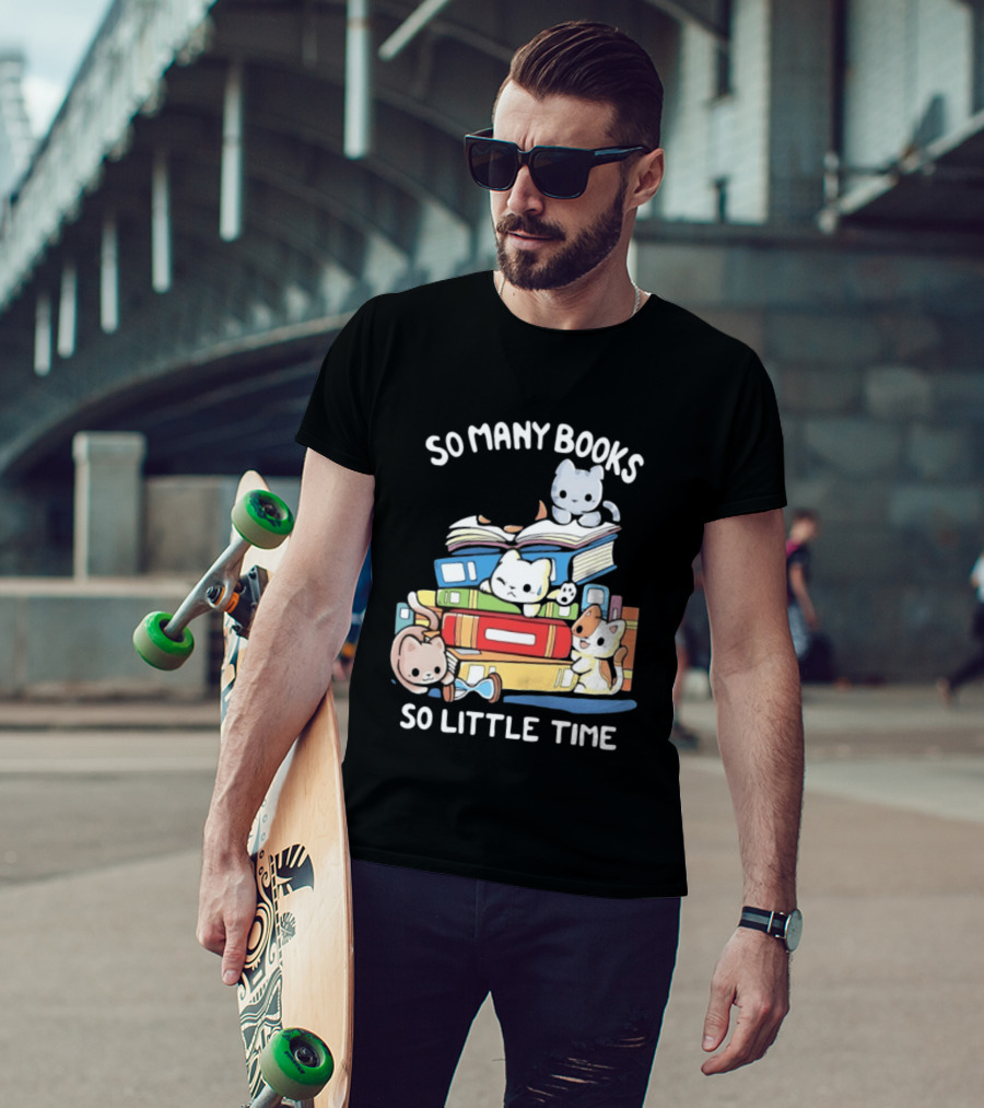 Whimsical Cartoon So Many Books So Little Time Cats Reading T-Shirt