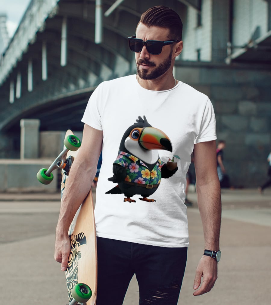 Cartoon Toucan In Hawaiian With Tropical Coconut Drink T-Shirt