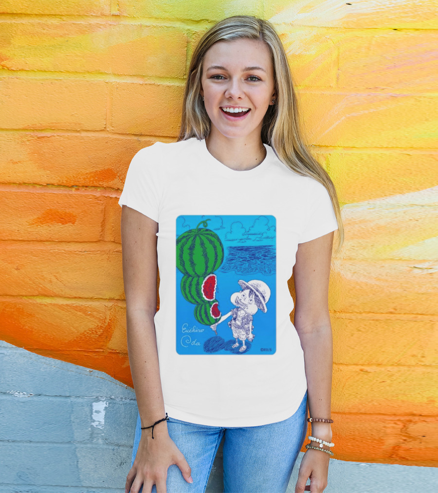 Monkey D Luffy Watermelon Eating Art By Eiichiro Oda One Piece Ocean Scene T-Shirt