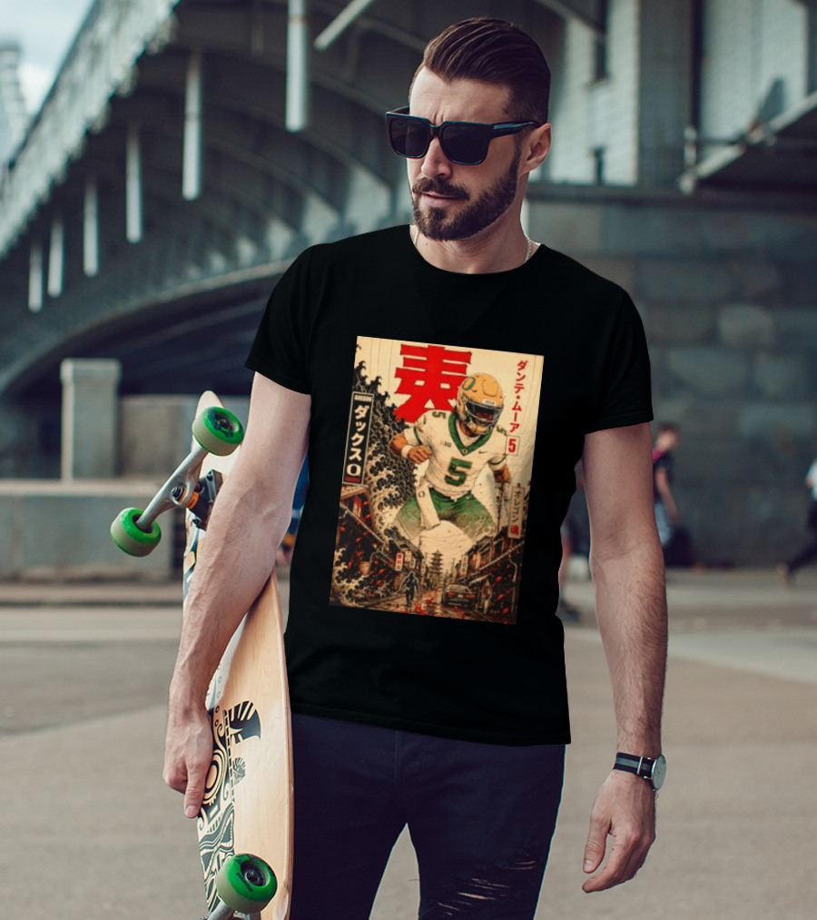 Dante Moore Number 5 Oregon Ducks Football Japanese Art Style Rugged City Scene T-Shirt