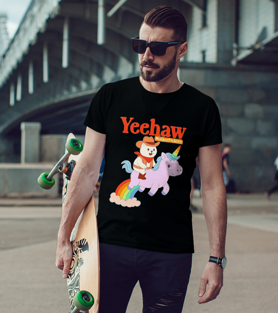 Yeehaw Motherfuckers Cat Cowboy On Rainbow Unicorn T-Shirt