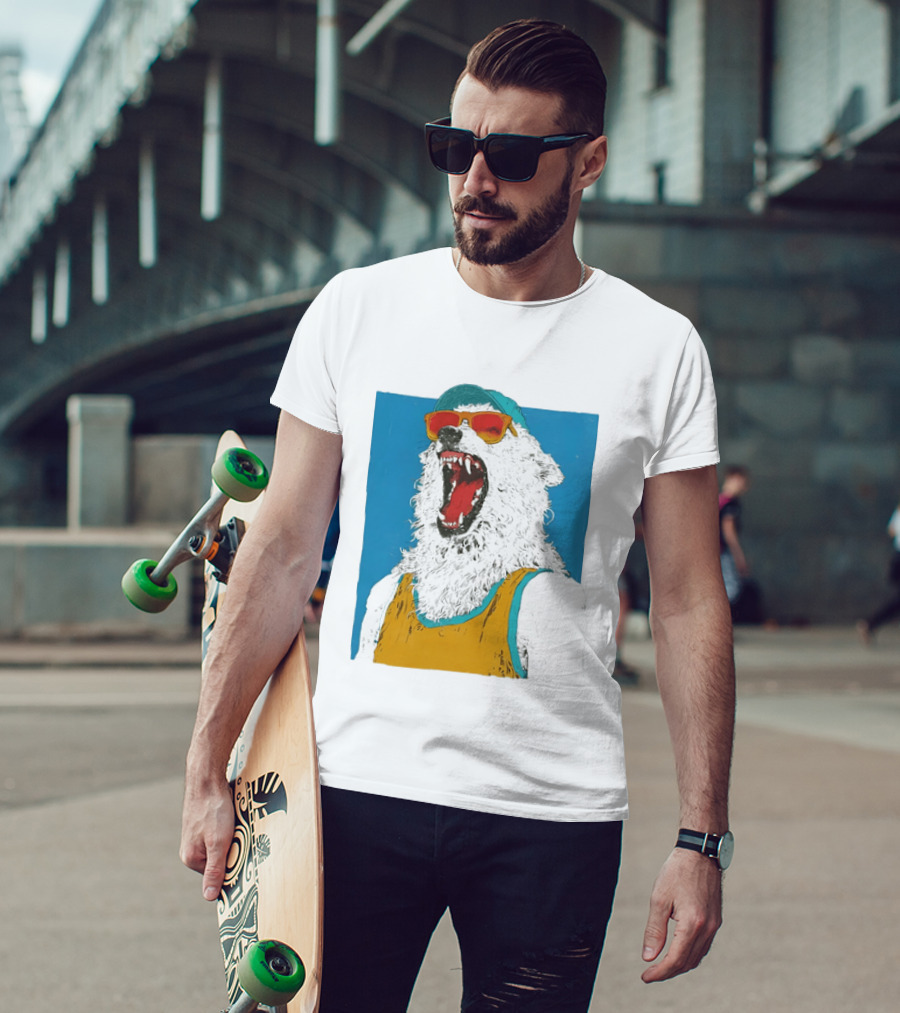 Polar Bear Wearing Sunglasses And Cap In Yellow Roaring T-Shirt