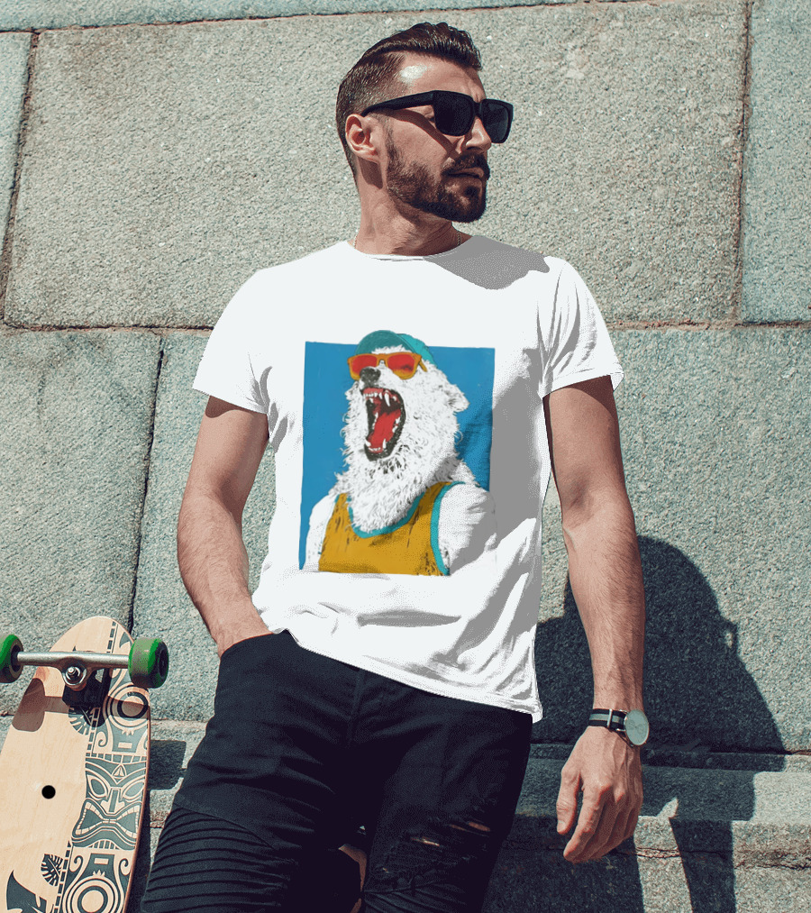 Polar Bear Wearing Sunglasses And Cap In Yellow Roaring T-Shirt
