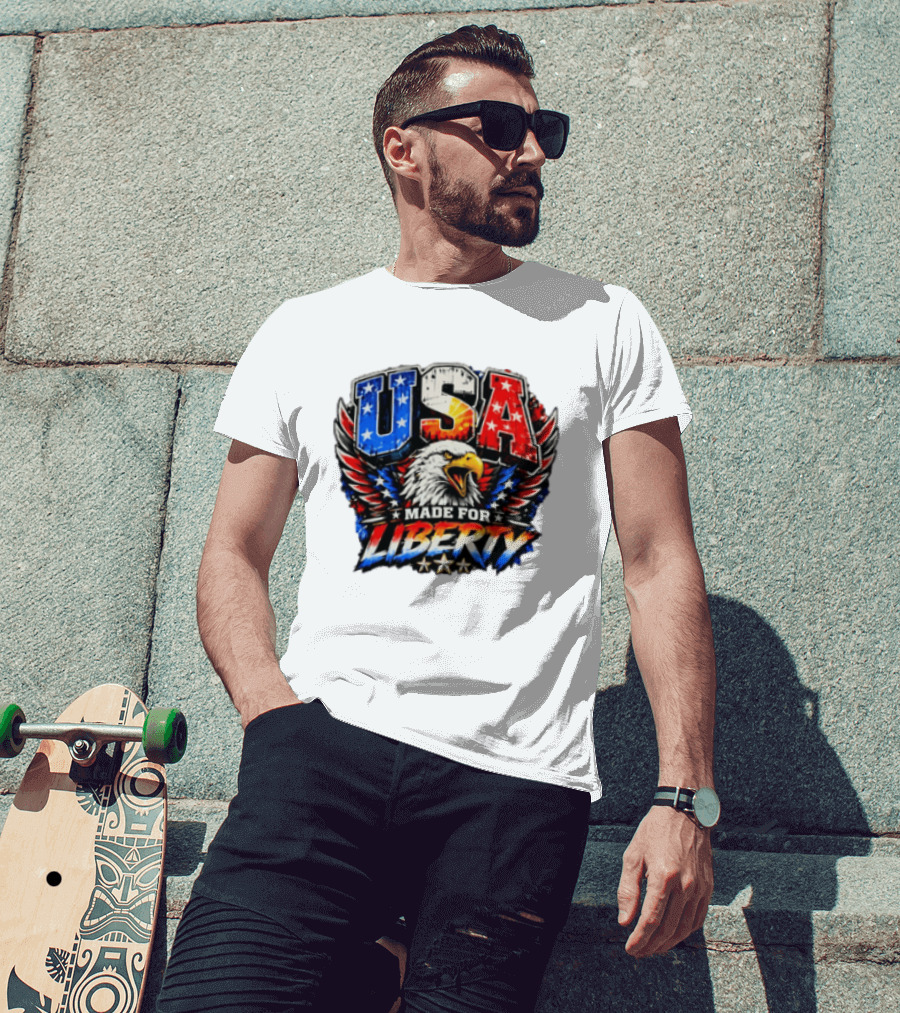 USA Eagle Made For Liberty Patriotic American Flag Stars T-Shirt