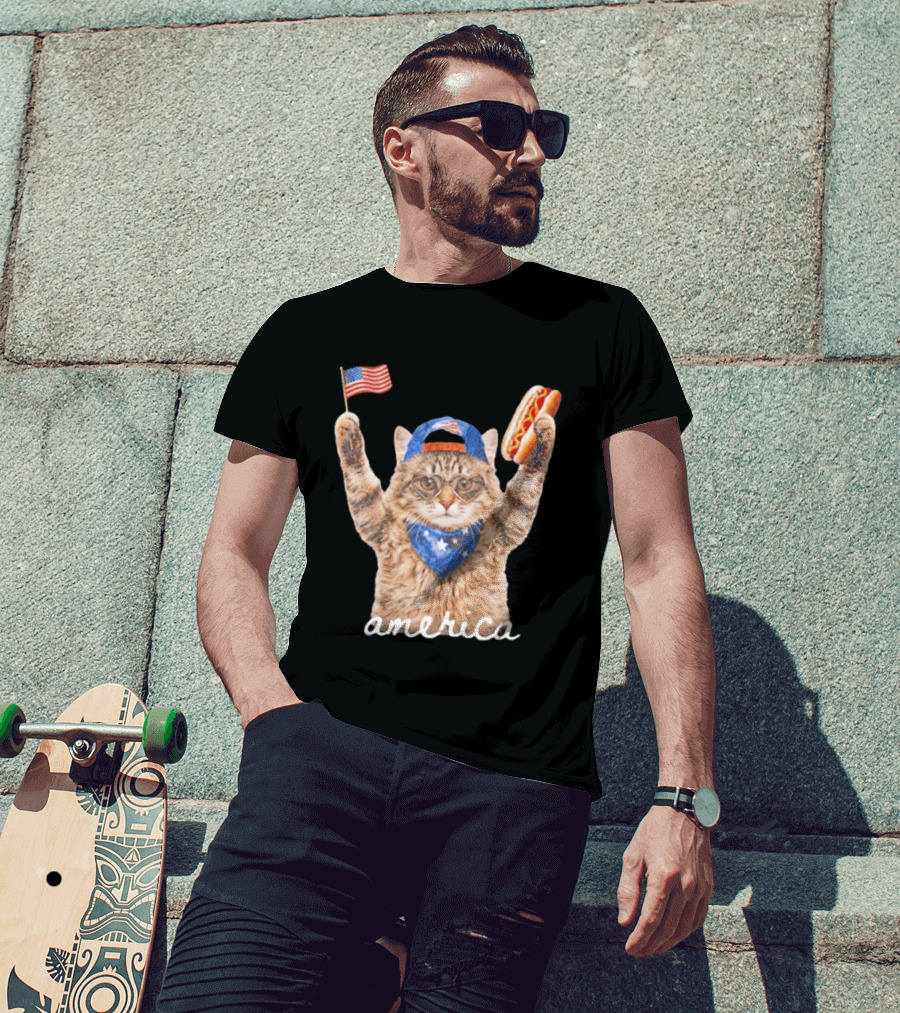 Patriotic Cat American Flag Hot Dog America Fourth Of July Celebration T-Shirt