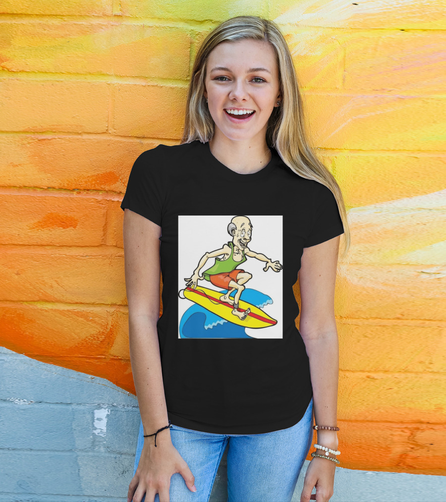 Retired Man Surfing Funny Cartoon Boomer On Yellow Board With Blue Waves T-Shirt