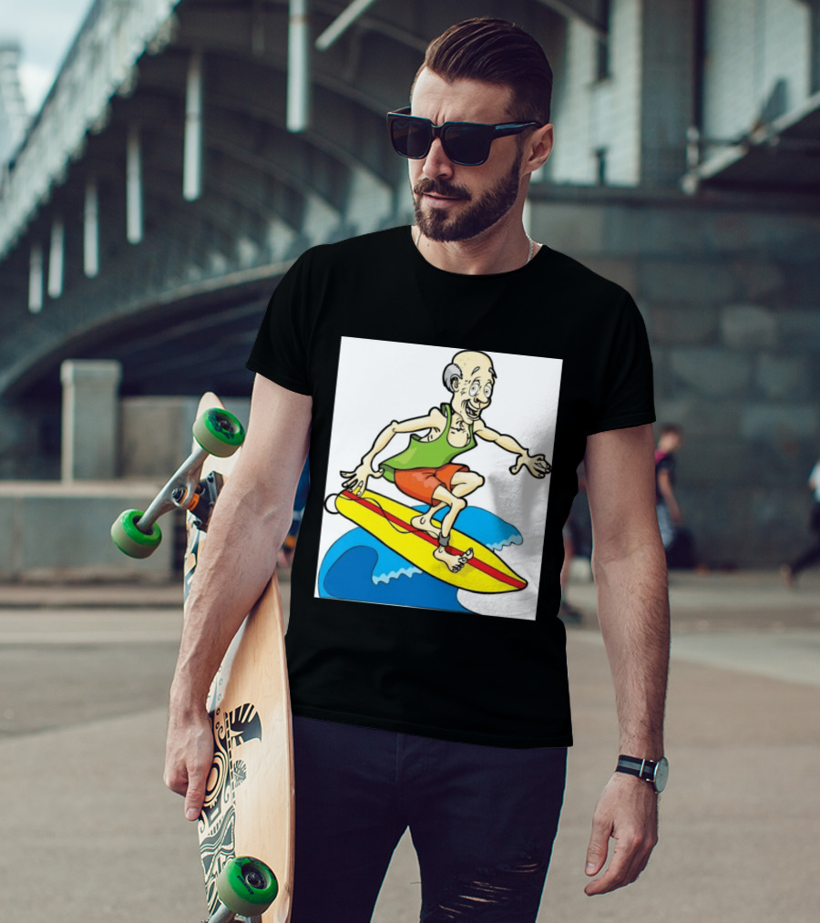 Retired Man Surfing Funny Cartoon Boomer On Yellow Board With Blue Waves T-Shirt