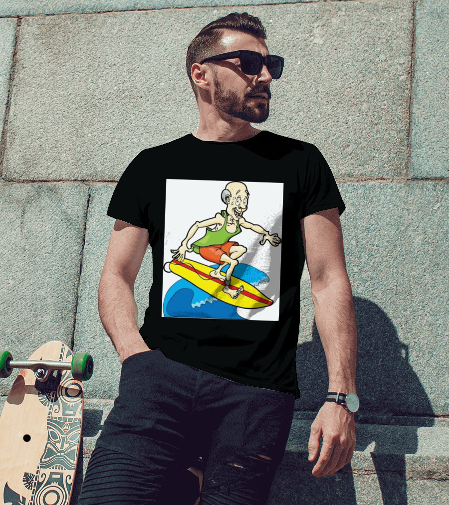 Retired Man Surfing Funny Cartoon Boomer On Yellow Board With Blue Waves T-Shirt