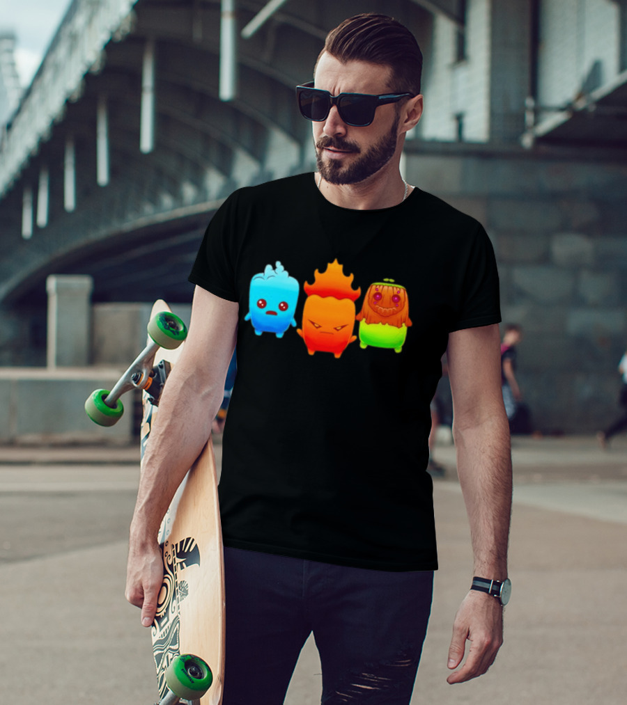 Water Fire And Earth Elemental Creatures Fireboy And Watergirl Cute Characters T-Shirt