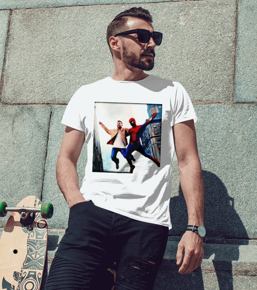 Lionel Messi And Spider Man Jump In City Marvel Cinematic Universe T-Shirt