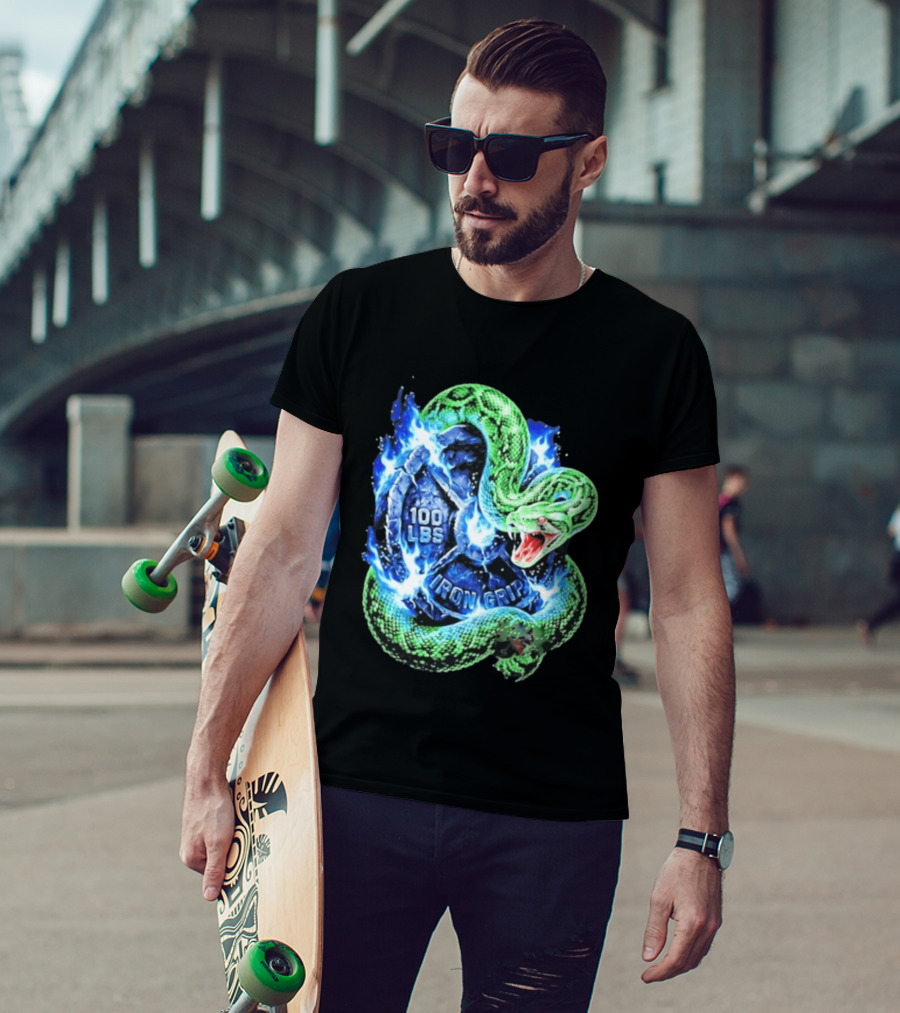 100 Lbs Iron Grip Snake With Lightning And Dumbbell T-Shirt