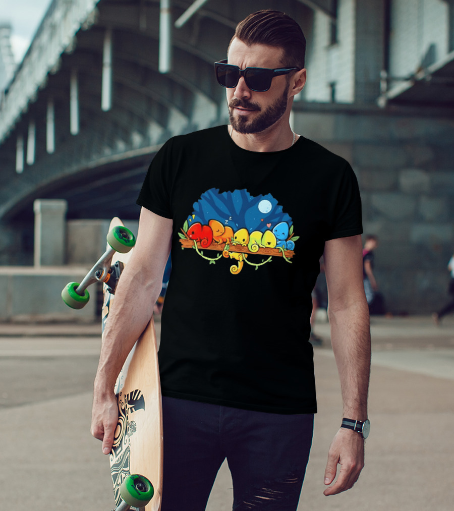 Colorful Chameleons Sitting On A Tree Branch Under Night Sky With Moon And Hearts T-Shirt