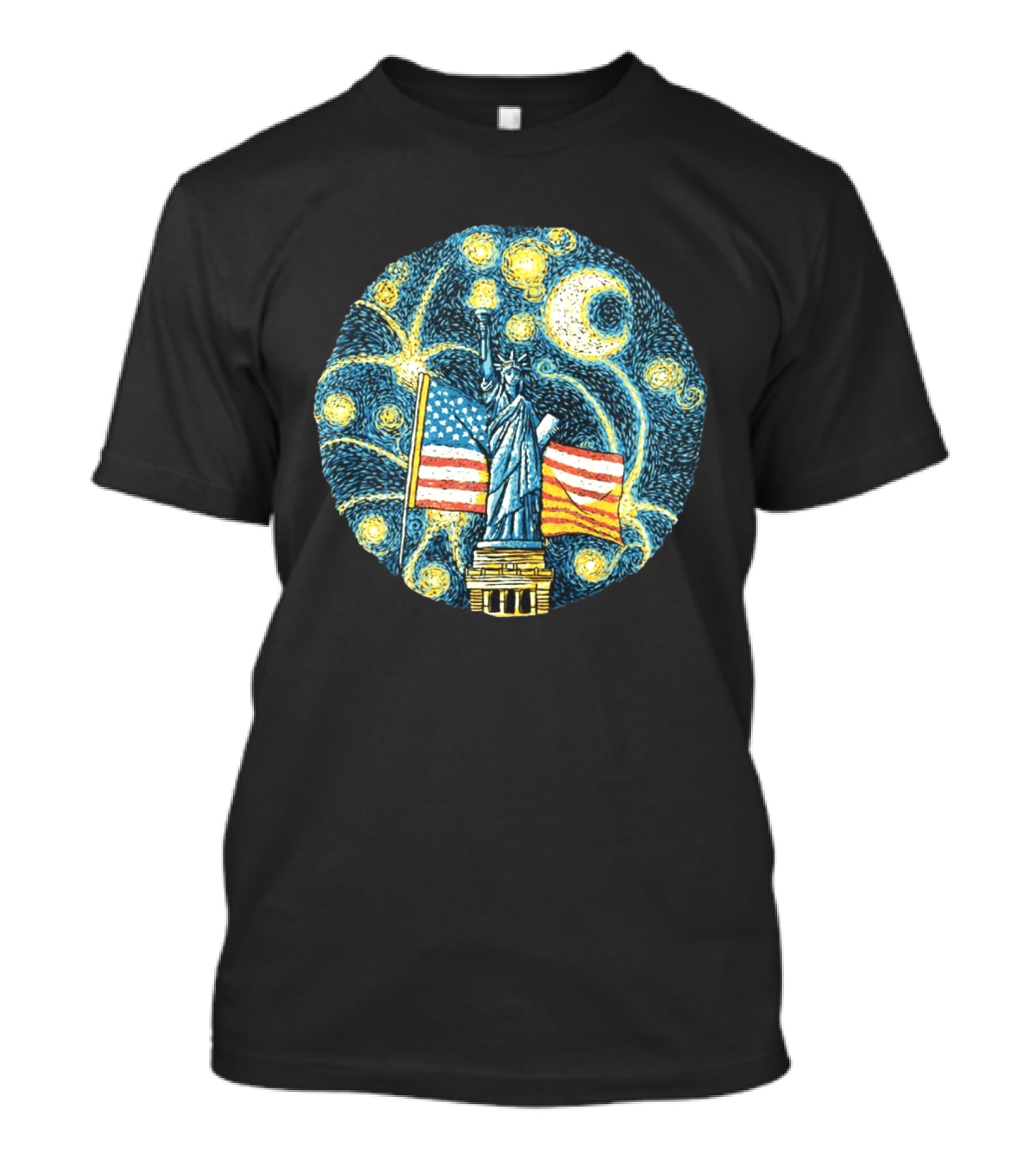 Statue Of Liberty USA Flag Firework Starry Night T-Shirt