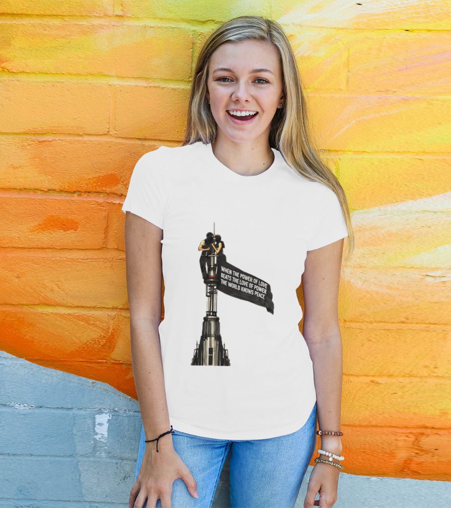 Angela Nikolau And Ivan Beerkus Love And Peace Flag On Empire State Building T-Shirt