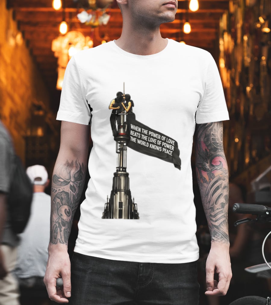 Angela Nikolau And Ivan Beerkus Love And Peace Flag On Empire State Building T-Shirt