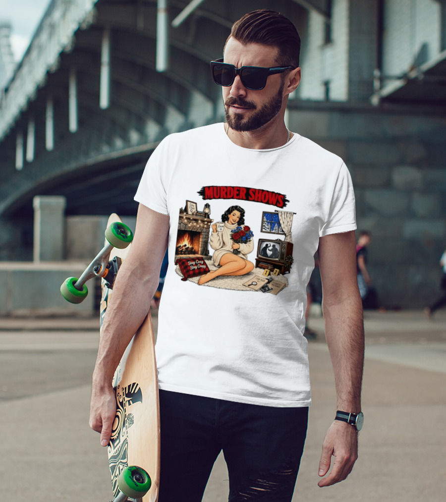 Murder Shows Cozy Creepy Mystery Scene With Fire, Roses, And Vintage TV T-Shirt