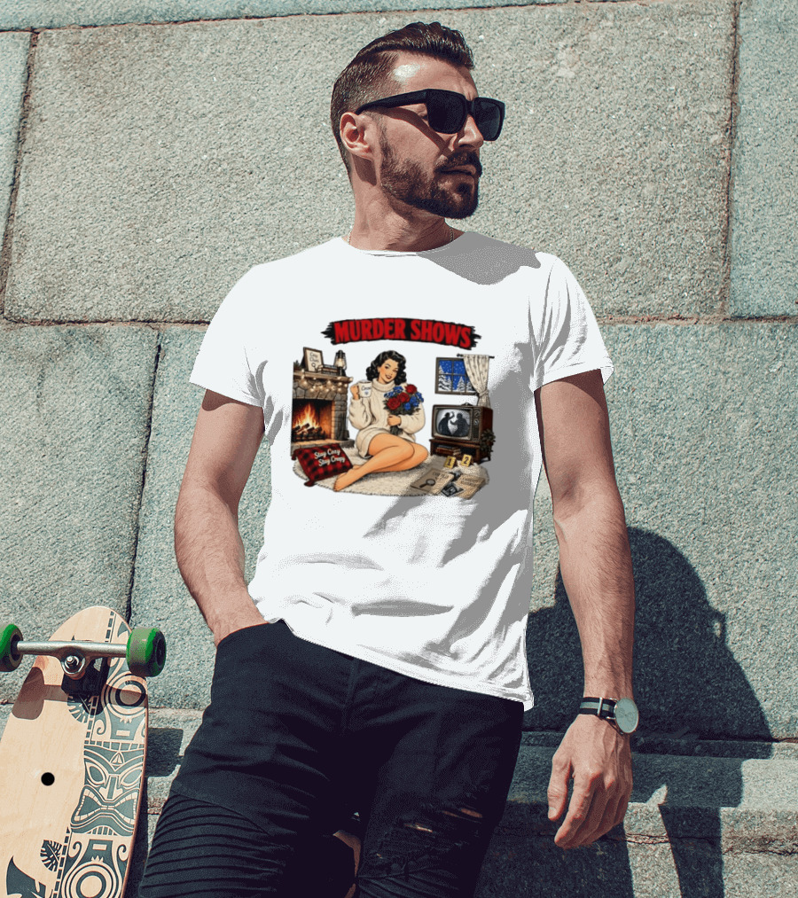Murder Shows Cozy Creepy Mystery Scene With Fire, Roses, And Vintage TV T-Shirt