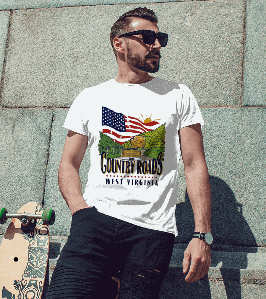 Country Roads West Virginia American USA Flag Vintage Truck Scenic Route T-Shirt