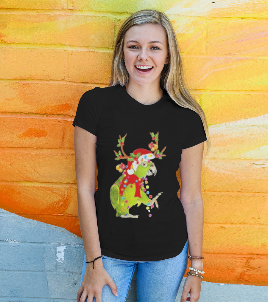 Festive Parrot Wearing Santa Hat And Reindeer Antlers T-Shirt