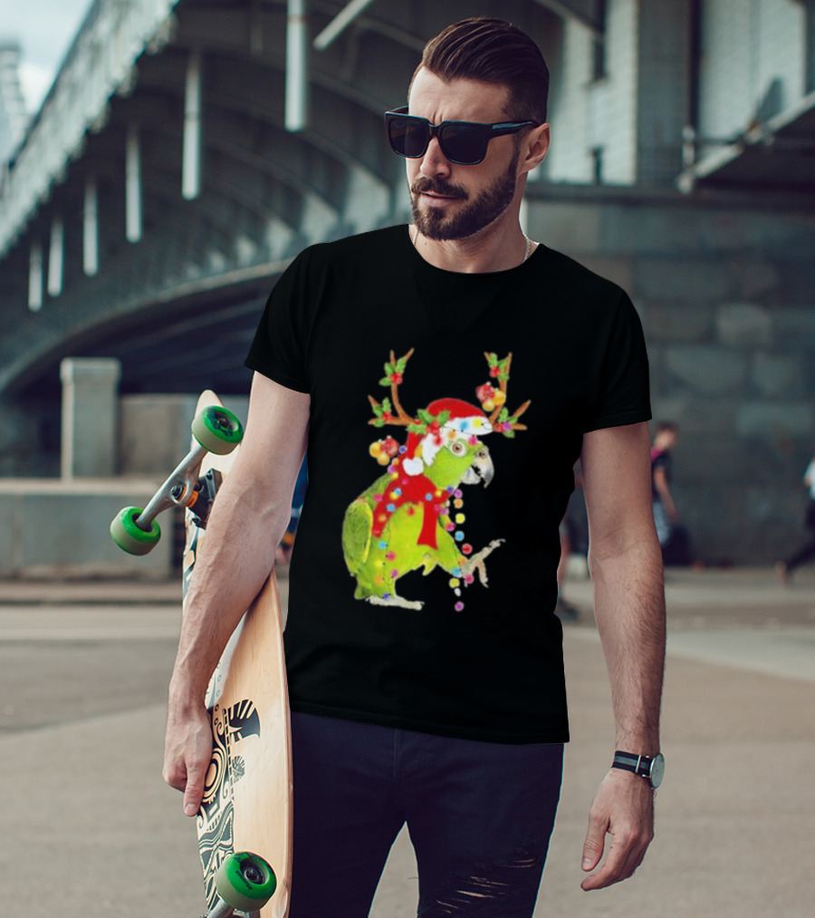 Festive Parrot Wearing Santa Hat And Reindeer Antlers T-Shirt