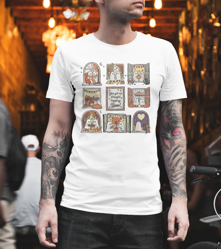 You Got Me Straight Tripping Boo Ghosts In Autumn Windows Cozy Scenes T-Shirt