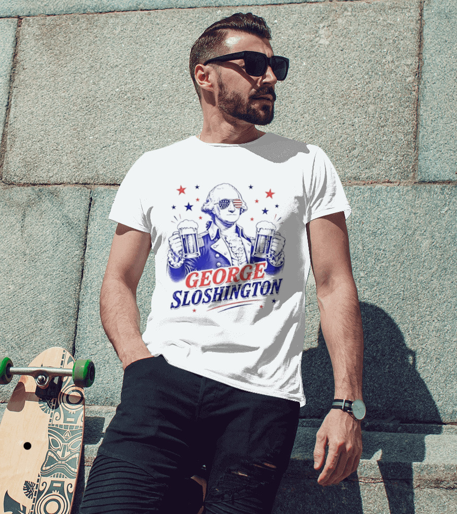 GEORGE SLOSHINGTON Party Patriot Drinking Beer Red White Blue Stars T-Shirt