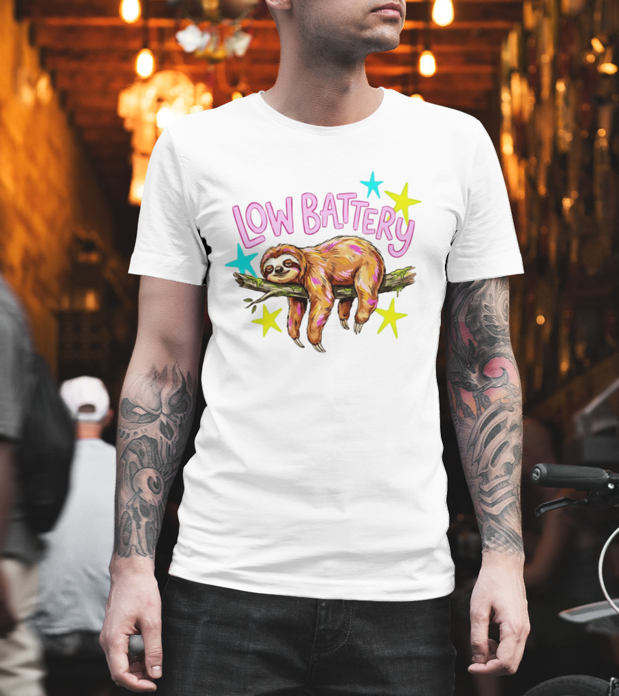 Lazy Sloth Low Battery Tired Animal With Colorful Stars T-Shirt