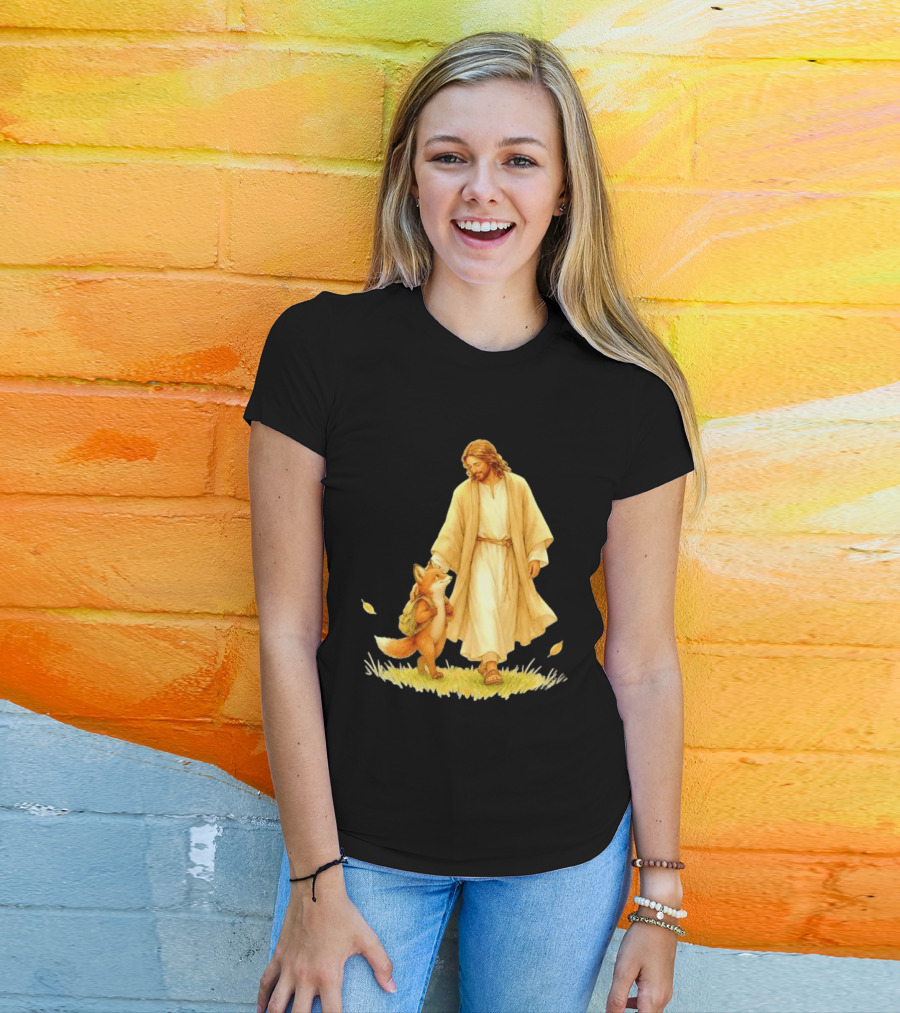Jesus Christ And Fox Companion With Backpack In Nature Scene T-Shirt