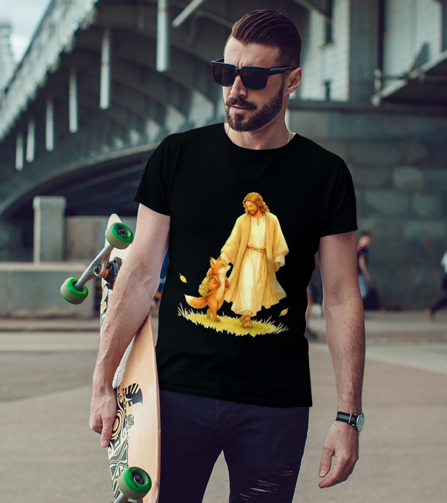 Jesus Christ And Fox Companion With Backpack In Nature Scene T-Shirt