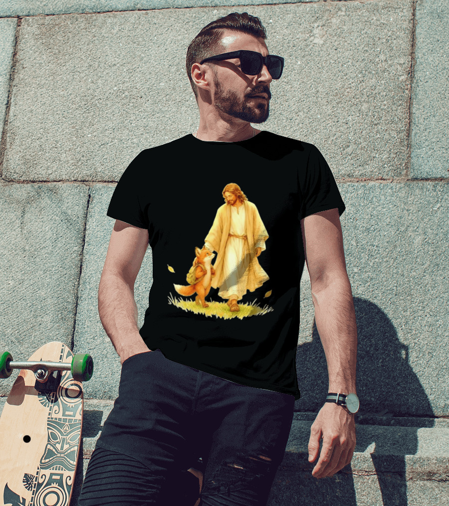 Jesus Christ And Fox Companion With Backpack In Nature Scene T-Shirt