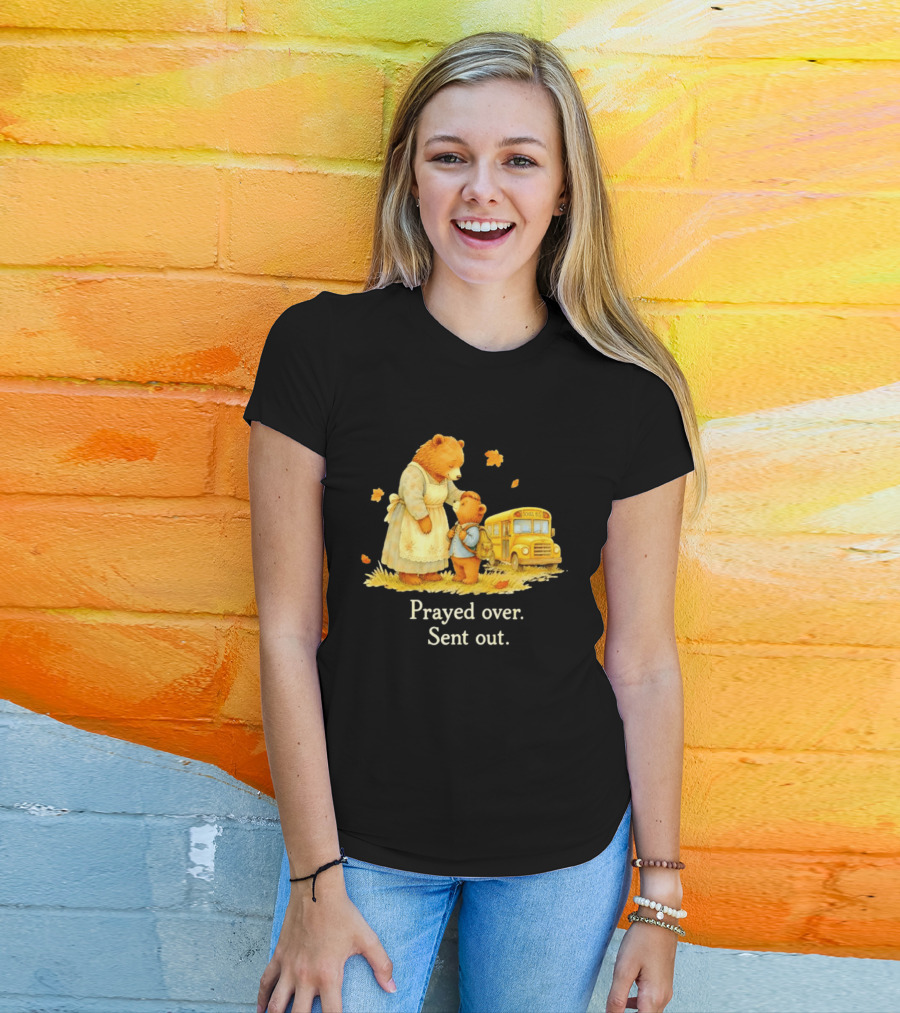 Mama Bear And Cub School Bus Prayed Over Sent Out Back To School Autumn Scene T-Shirt