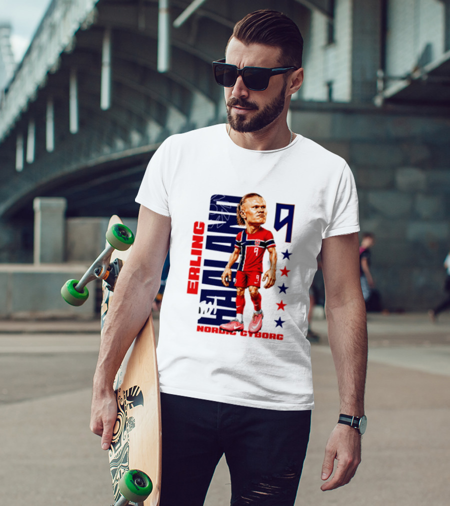 Erling Haaland No 9 Nordic Cyborg Stars And Stripes Caricature T-Shirt