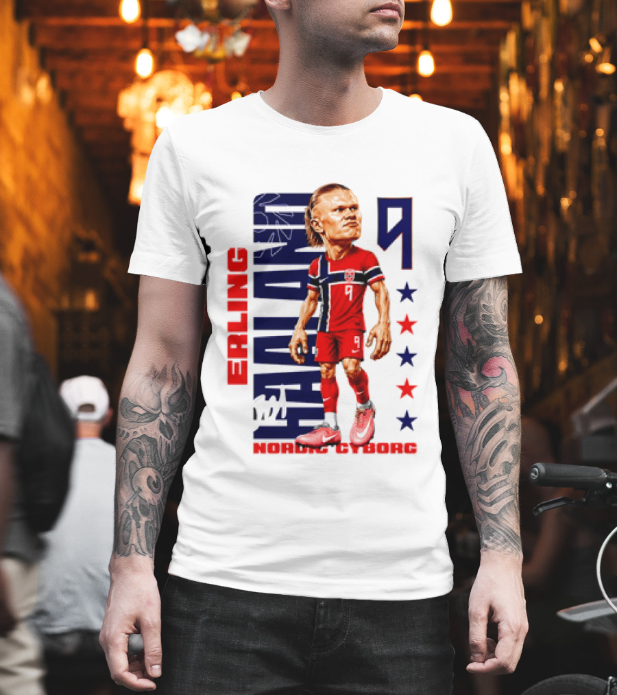 Erling Haaland No 9 Nordic Cyborg Stars And Stripes Caricature T-Shirt