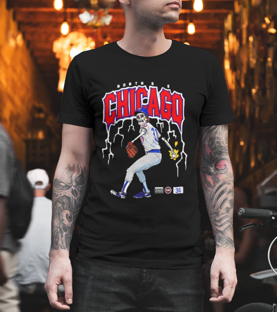 North Side Chicago Skeleton Pitcher CHI 31 Baseball T-Shirt