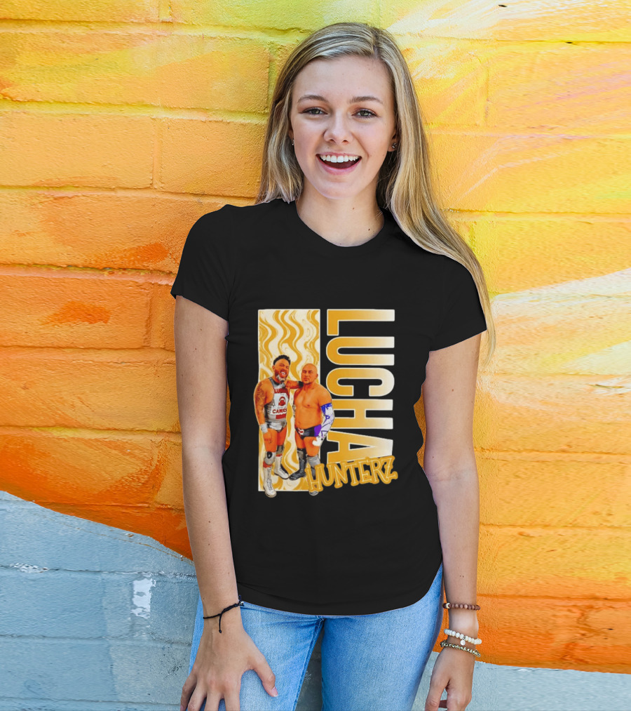 Lucha Hunterz Wrestlers Duo With Llamas And Gold Accents T-Shirt