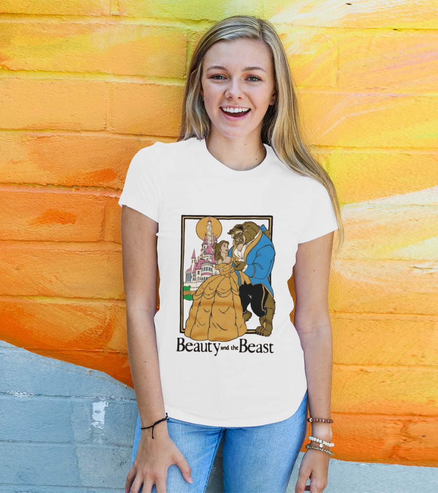 Beauty And The Beast Belle And Beast Dancing In Front Of Castle T-Shirt