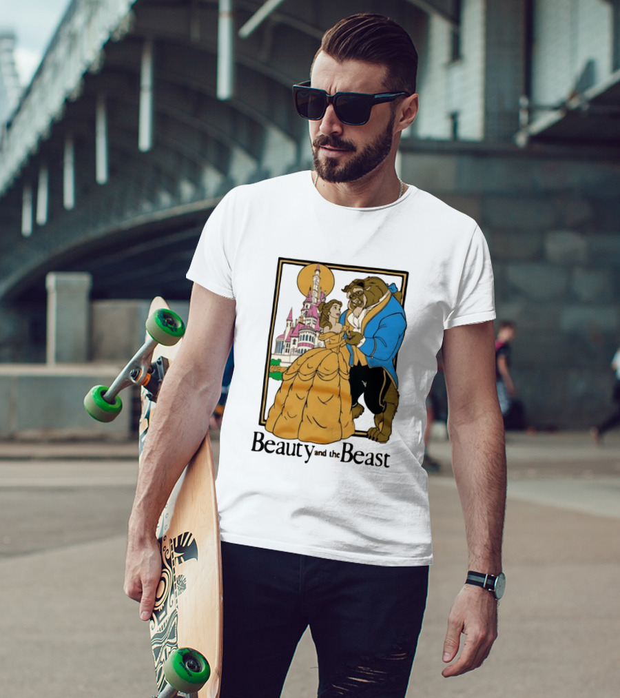 Beauty And The Beast Belle And Beast Dancing In Front Of Castle T-Shirt