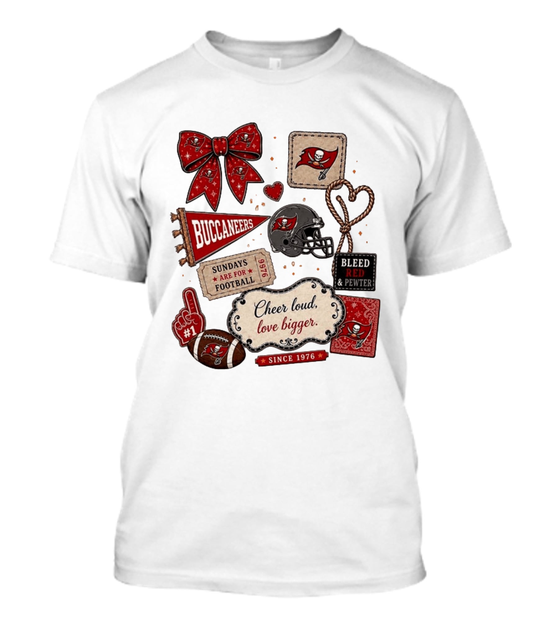 Tampa Bay Buccaneers Mom Red Floral Bow Cheer Loud Love Bigger Football Patch Collage T-Shirt
