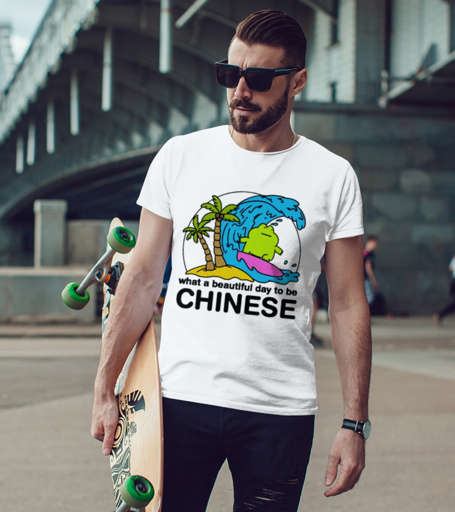 What A Beautiful Day To Be Chinese Surfing Frog With Palm Trees And Waves T-Shirt