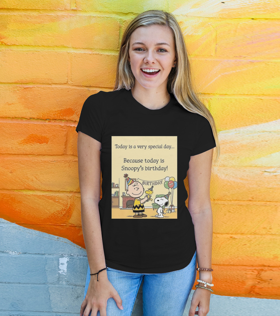 Celebrate Snoopy's Birthday With Charlie Brown And Woodstock In Party Hats And Balloons T-Shirt